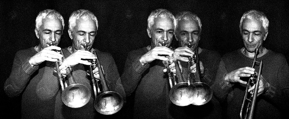 Overlapping multiple-exposure image of trumpet player Loz Speyer by Beowulf Mayfield