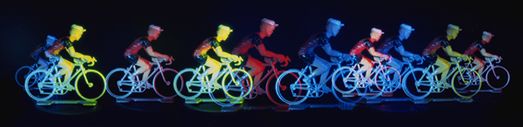 Multiple exposure of toy cyclist taken with a pinhole camera